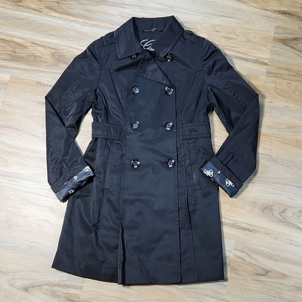 🔥Guess Black Double Breasted Mid-Length Trench Coat Jacket Small